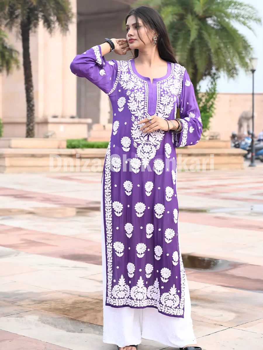 Royal Bloom – Purple viscose chikankari kurti with white palazzo, handcrafted Lucknowi embroidery, Dniza Chikankari premium ethnic wear