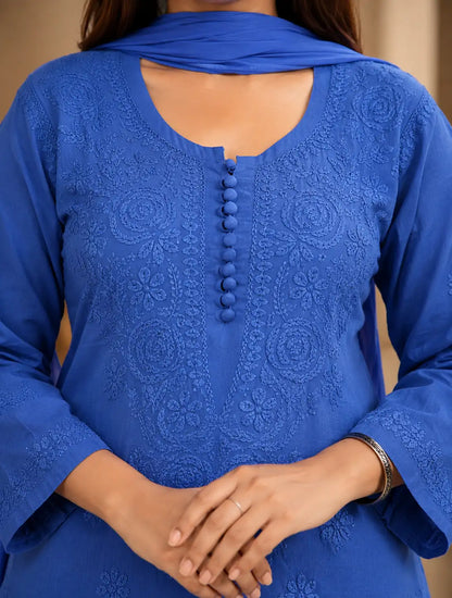 Royal Blue Embroidered Malmal Cotton Ethnic Suit for Women