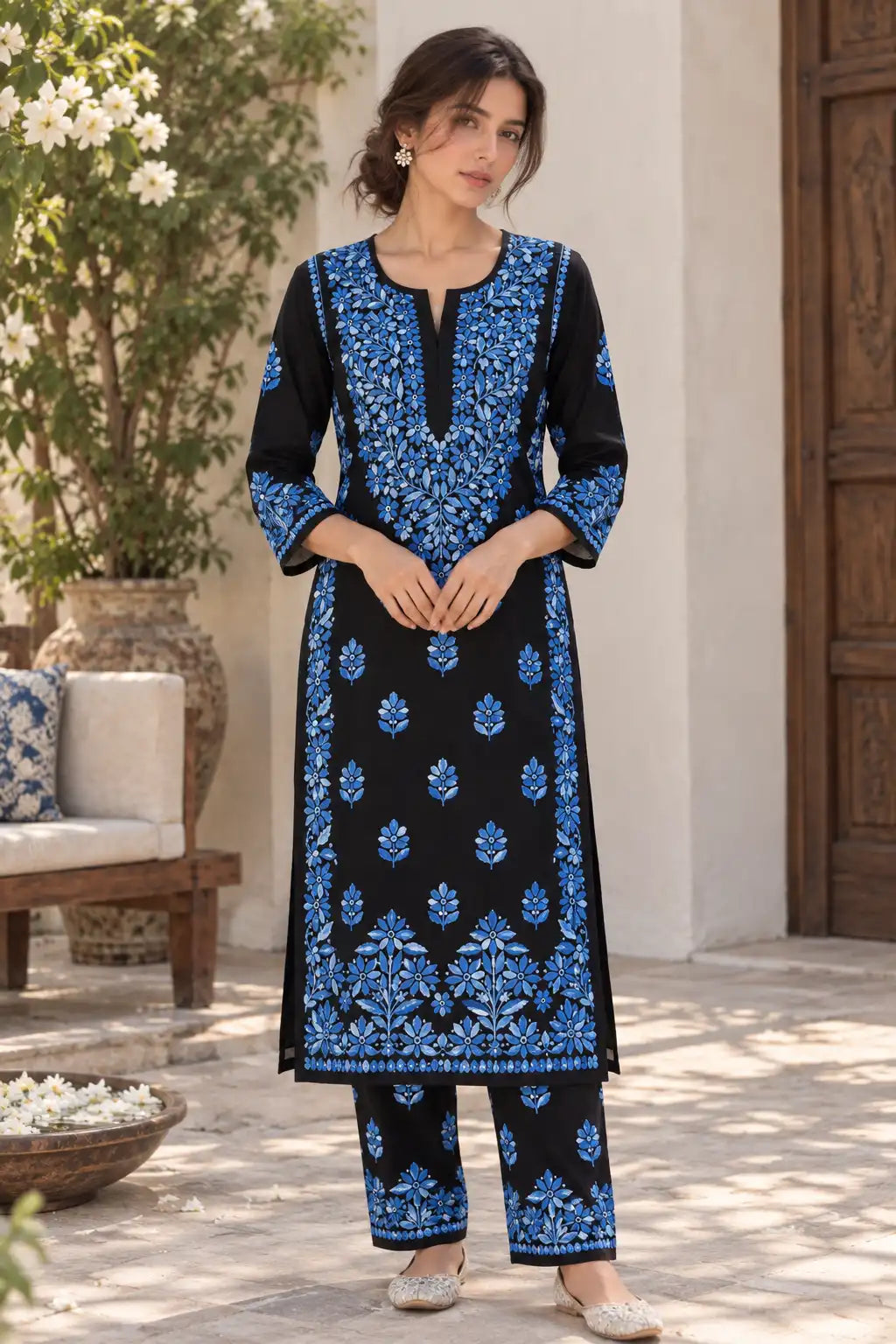 A woman models a black three-piece kurta set with vibrant blue floral embroidery, standing in a sunlit courtyard with a white wall and wooden door in the background.