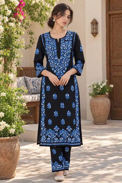 Royal Blue Rayon Embroidered Kurta Pant Set