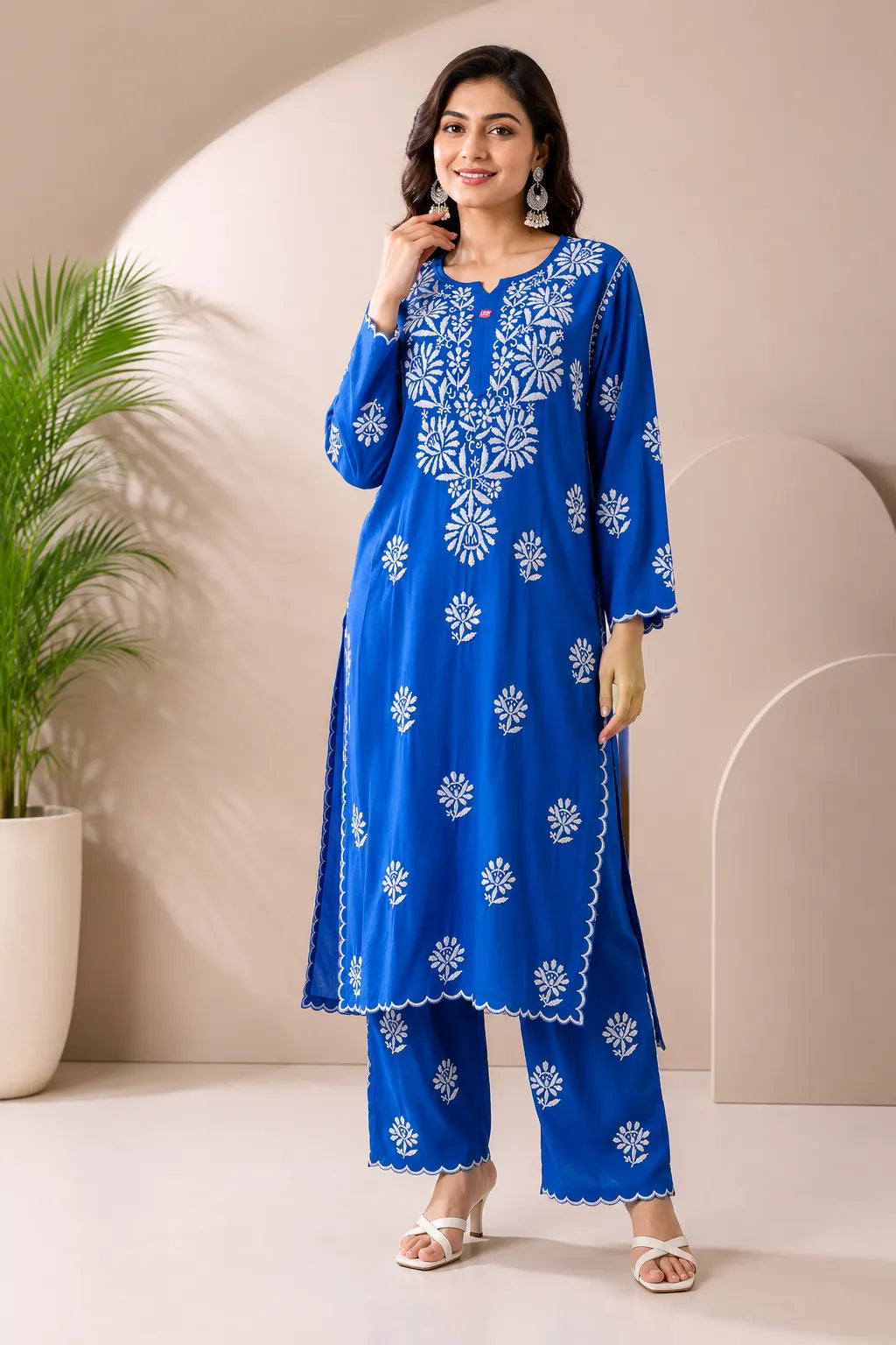 Royal Blue Soft Rayon Kurta Palazzo Set for Women with White Floral Embroidery and Cutwork Detailing