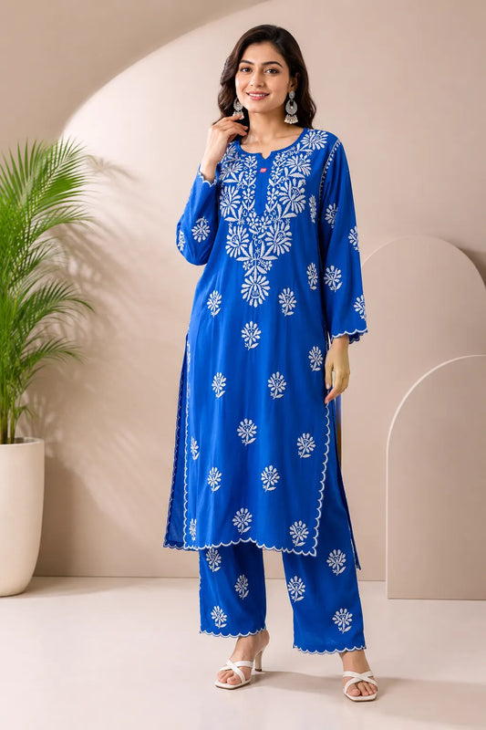 Royal Blue Soft Rayon Kurta Palazzo Set for Women with White Floral Embroidery and Cutwork Detailing