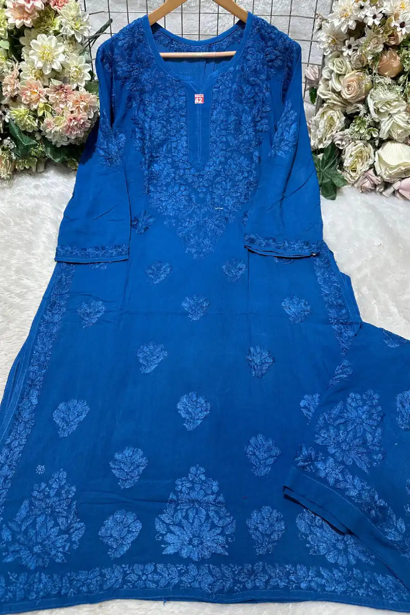 Royal blue rayon 3 boota fancy embroidered kurti with matching bottom set