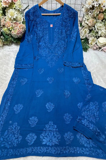 Royal blue rayon 3 boota fancy embroidered kurti with matching bottom set