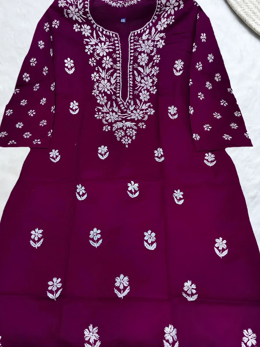 Royal wine-colored kurti with traditional gala booti white thread embroidery

