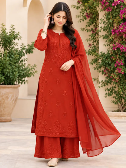 Rayon Chikankari Embroidered Kurta Palazzo Set with Dupatta