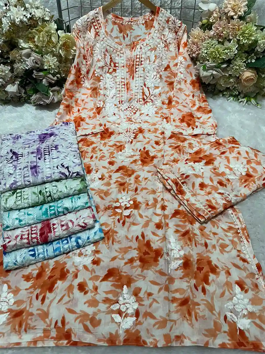 Rust Autumn Orange – White base with burnt orange floral print and white embroidery