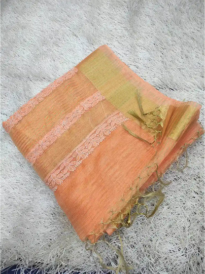 Rust Orange Chanderi Saree with Floral Bakhiya & Fanda Work and Zari Highlights