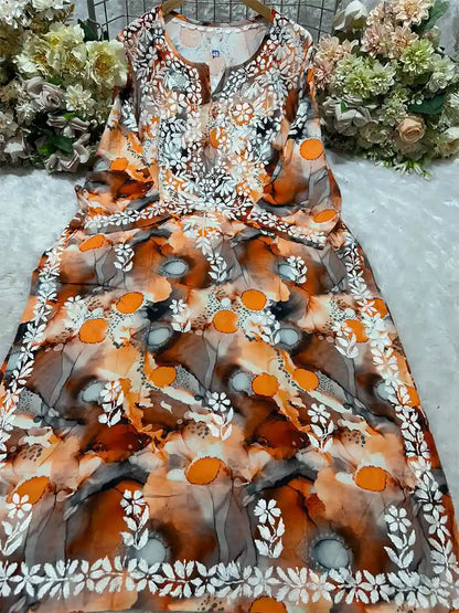 Rust Sunset Orange – Rayon Printed Kurti with White Gala Booti Embroidery