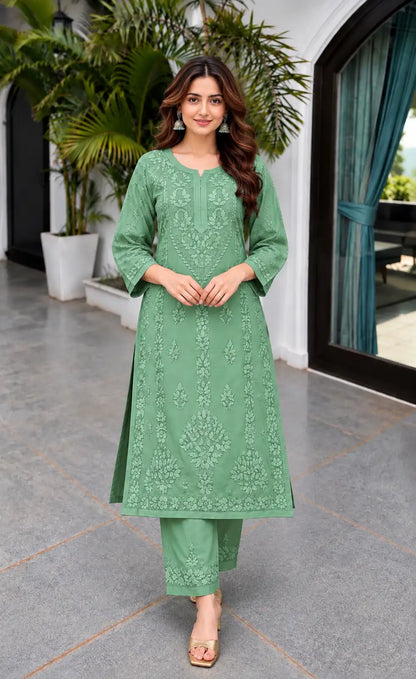 Rayon Chikankari Embroidered Kurta Pant Set for Women