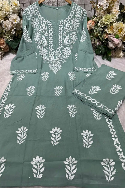 Sage green rayon Chikankari kurti set with white threadwork