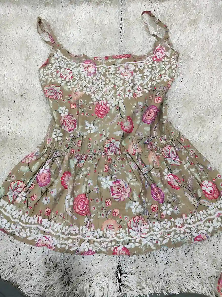 Sand brown spaghetti strap crop top with bold floral digital print and white 3D ghaspatti hand embroidery on masleen cotton