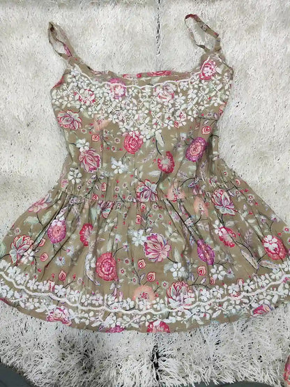 Sand brown spaghetti strap crop top with bold floral digital print and white 3D ghaspatti hand embroidery on masleen cotton