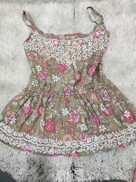Sand brown spaghetti strap crop top with bold floral digital print and white 3D ghaspatti hand embroidery on masleen cotton