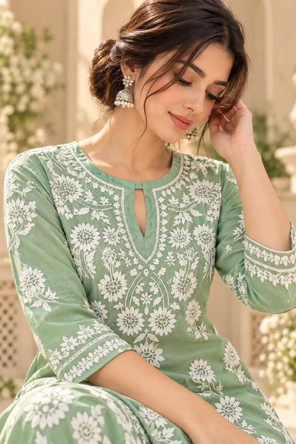 Mint Green Floral Embroidered Kurta Palazzo Set