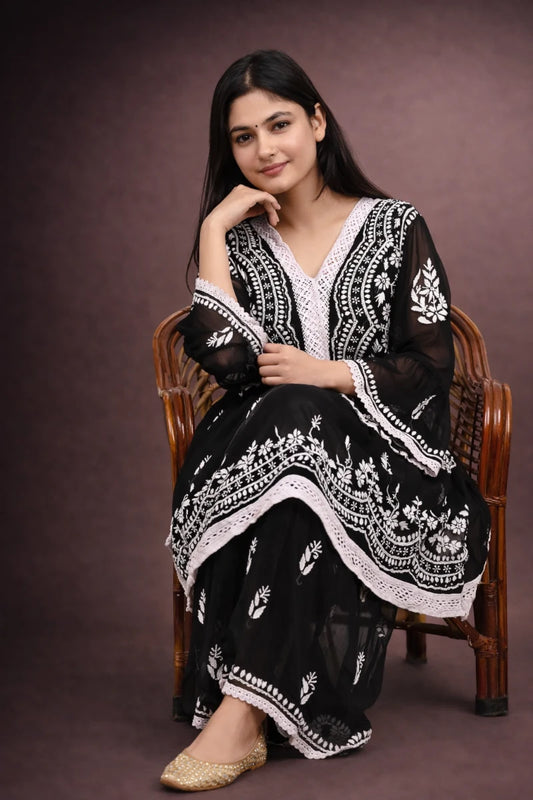 Siyah Sitara – Festive Black Chikankari Georgette Ensemble - Dniza Chikankari new
