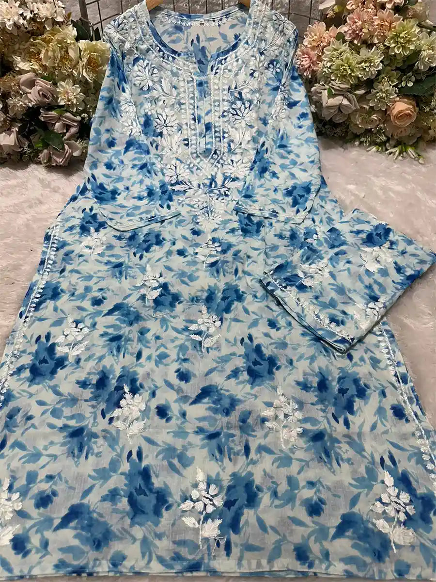 Sky Blossom Blue – Light blue base with deep blue floral print and white embroidery