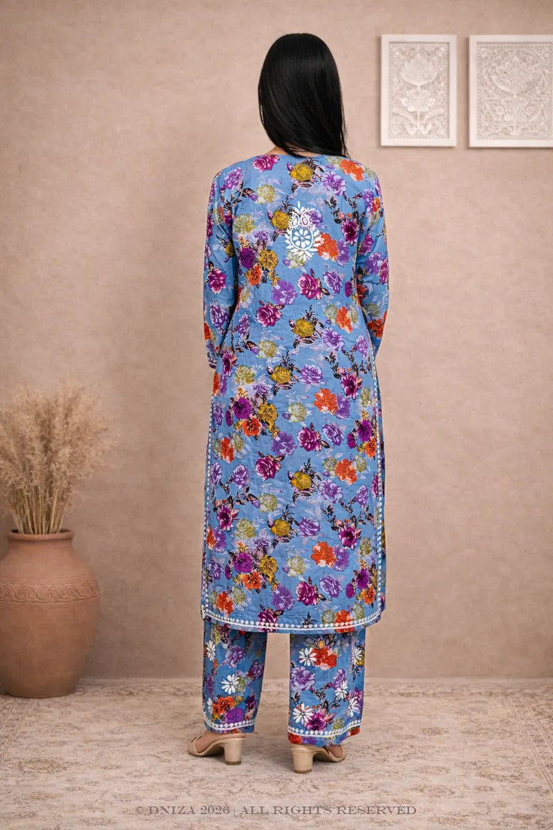 Sky blue rayon floral embroidered chikankari plazo set back