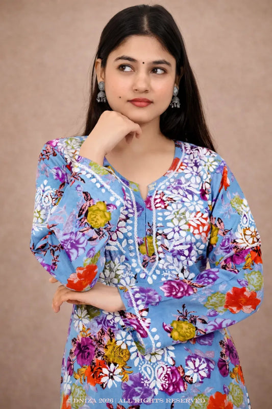 Sky blue rayon floral embroidered chikankari plazo set with 44-inch kurti