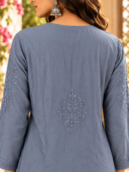 Slate Blue Chikankari Muslin Kurta Palazzo Set