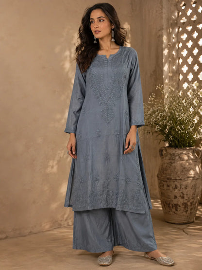 Slate Blue Chikankari Muslin Kurta Palazzo Set with floral Lucknowi embroidery