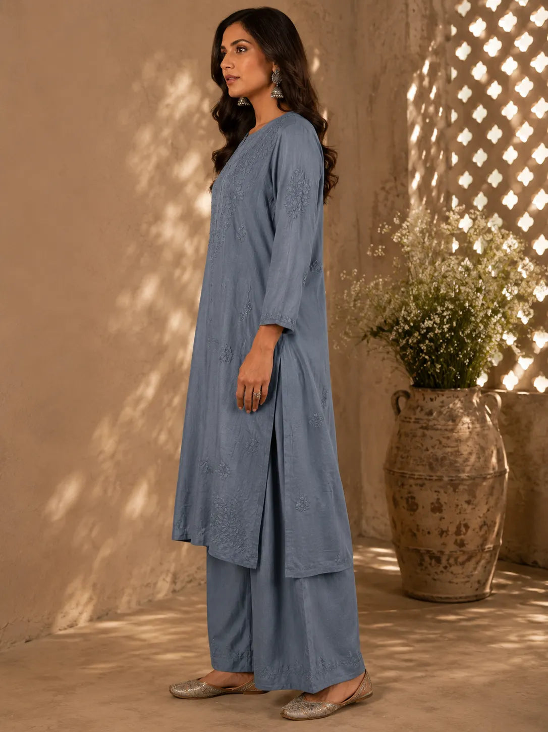 Slate Blue Lucknowi Chikankari Kurta Set with wide-leg palazzo