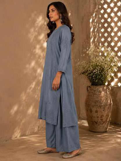 Slate Blue Lucknowi Chikankari Kurta Set with wide-leg palazzo