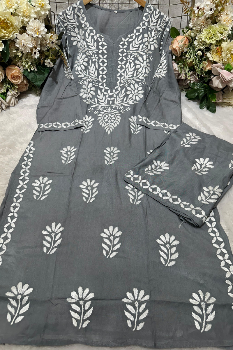 Smokey grey rayon Chikankari suit set with white embroidery