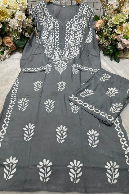 Smokey grey rayon Chikankari suit set with white embroidery
