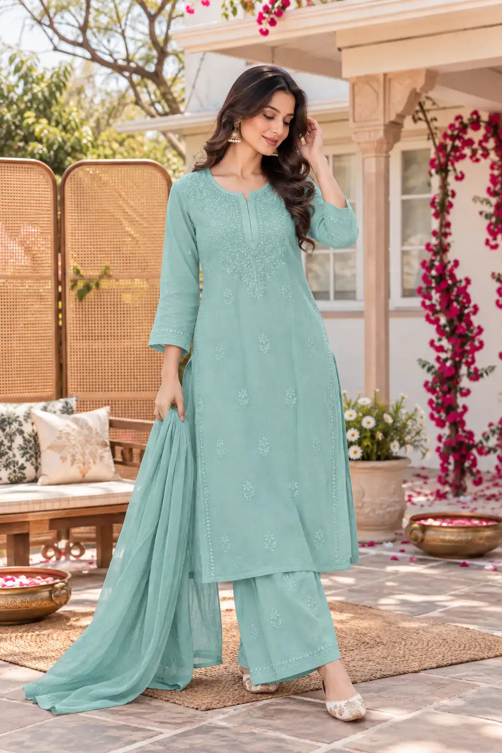 A woman models a mint green ethnic three-piece suit with a matching dupatta in an outdoor patio setting. The kurta features delicate floral embroidery, paired with matching wide-leg pants and a flowing dupatta.