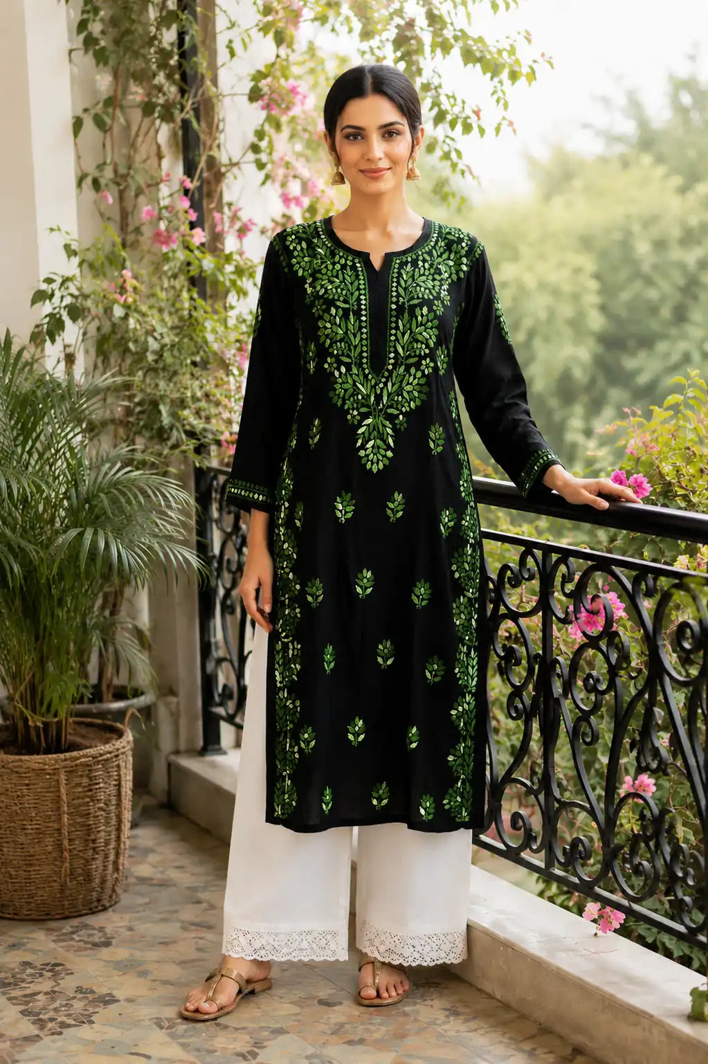 Soft Modal Black Kurti with Green Floral Embroidery