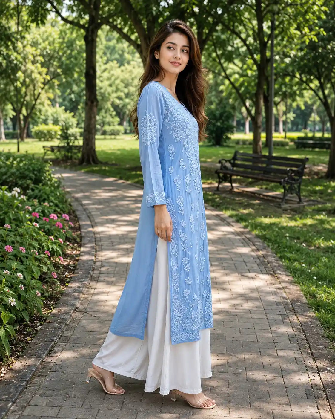 Soft Modal Satin Sky Blue Chikankari Kurti for Women | Traditional Lucknowi Handcrafted Kurta