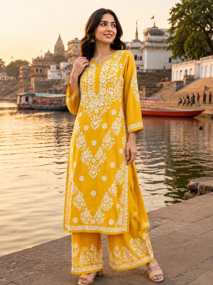 Soft Rayon Mustard Yellow Chikankari Kurta Set for Women | Premium Ethnic Wear by Dniza Chikankari