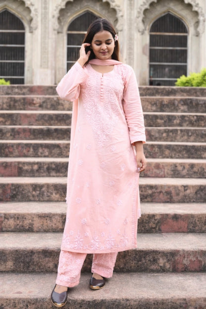 Soft baby pink malmal fabric kurti set with delicate embroidery