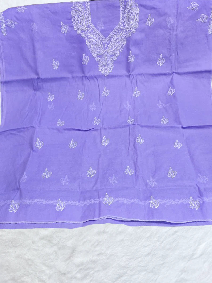 Soft lavender cotton dress material with intricate white embroidery in shadow and fanda pattern.

