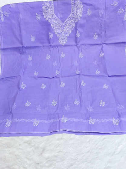 Soft lavender cotton dress material with intricate white embroidery in shadow and fanda pattern.

