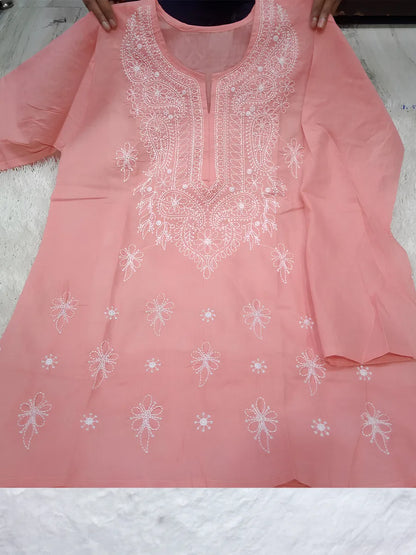 Soft peach Rubiya Cotton short top with white computerized neck and floral booti embroidery details