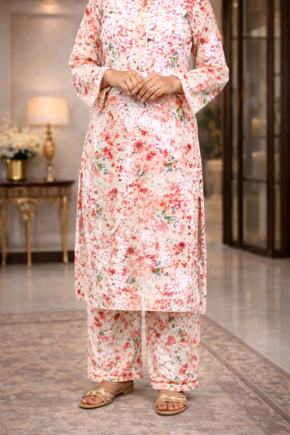 Soft pink floral chikankari kurta palazzo set in breathable mulmul cotton for summer wear