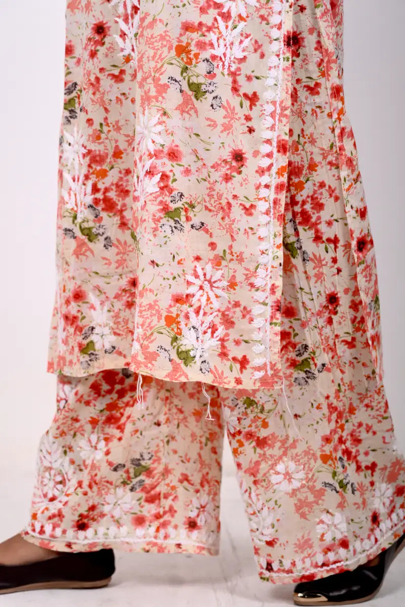 Soft pink floral mulmul cotton chikankari palazzo set 