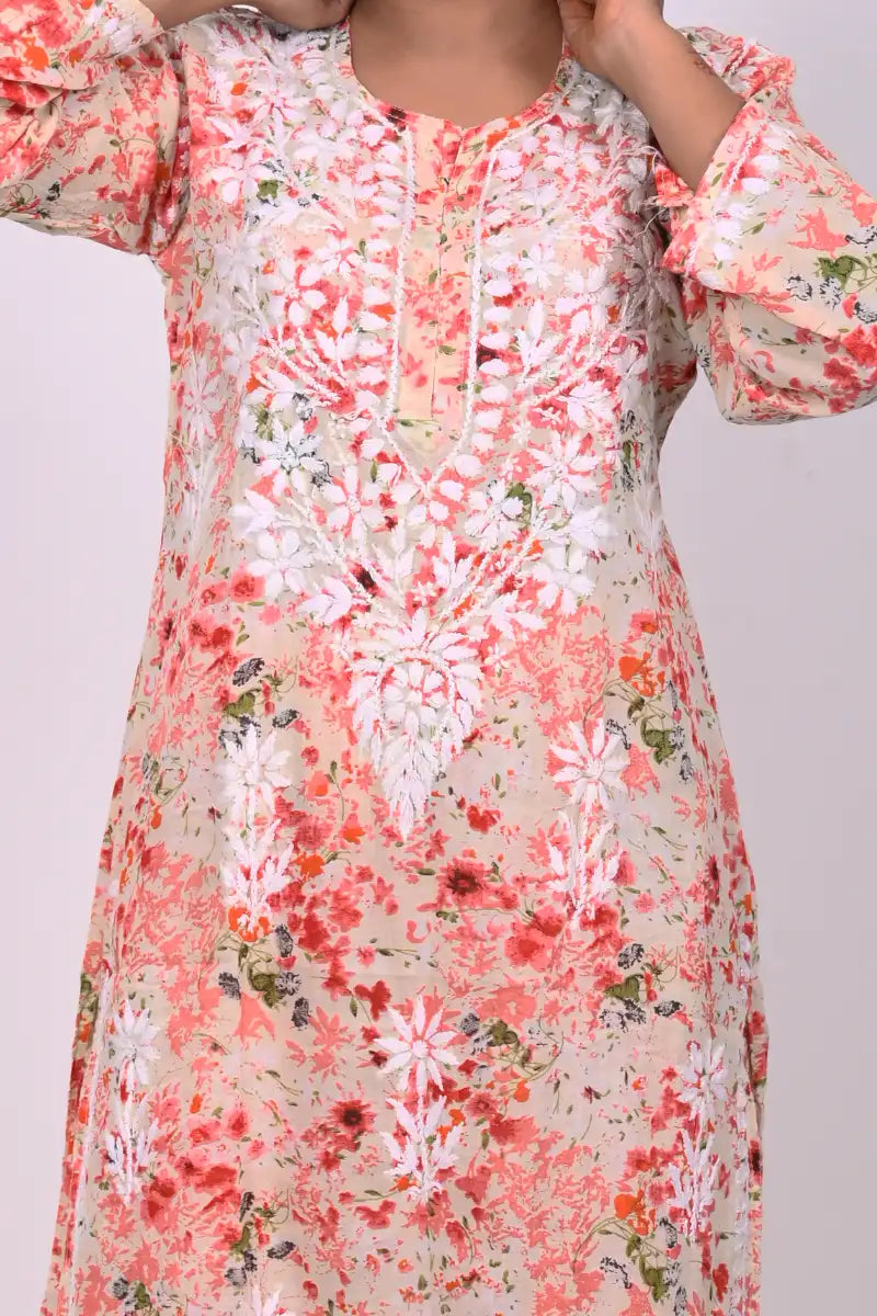 Soft pink floral mulmul cotton chikankari palazzo set  front work