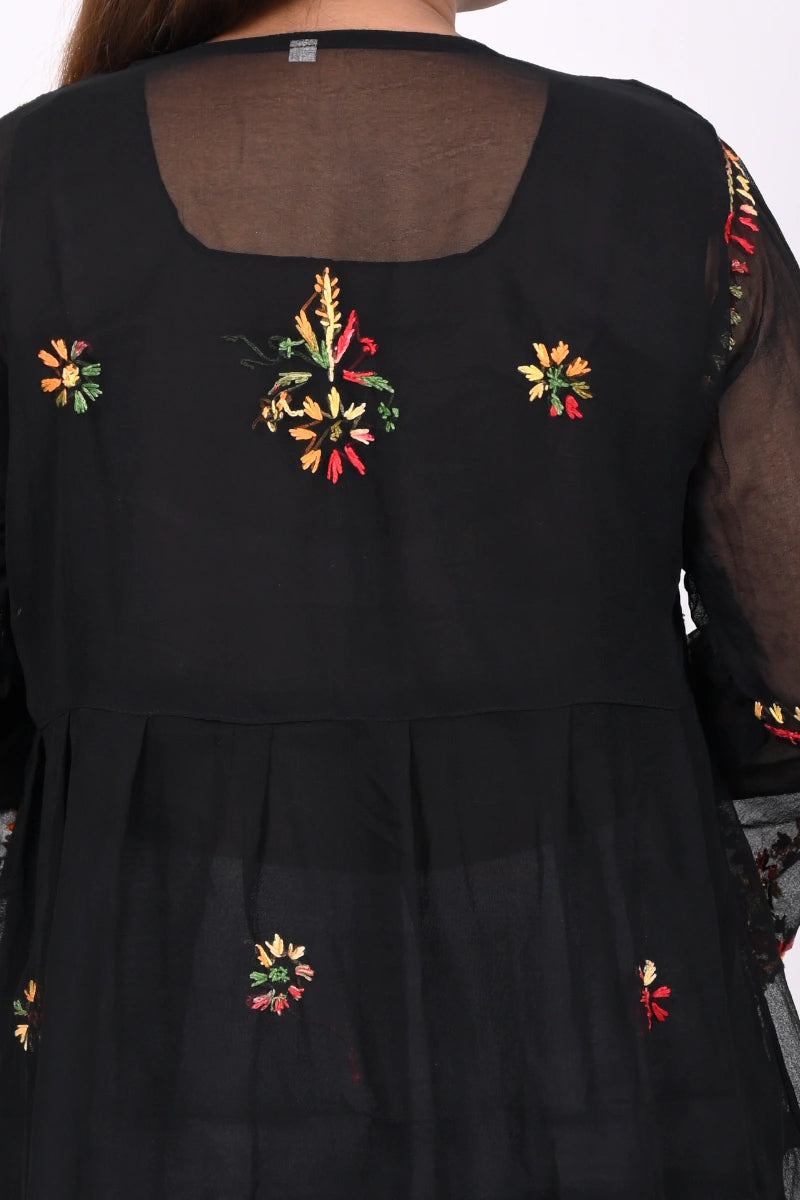 Stylish black embroidered short kurti with layered hem and traditional chikankari inspired work