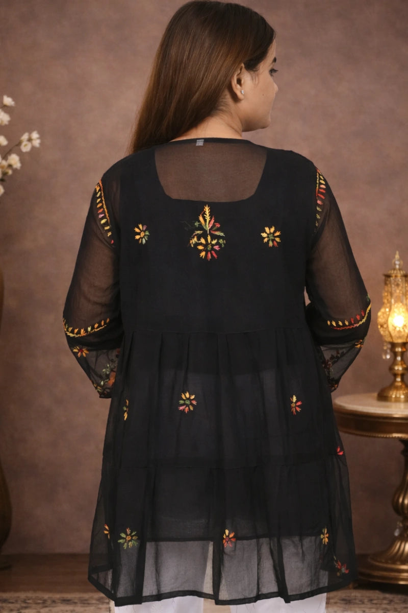 Stylish black embroidered short kurti with layered hem and traditional chikankari inspired work