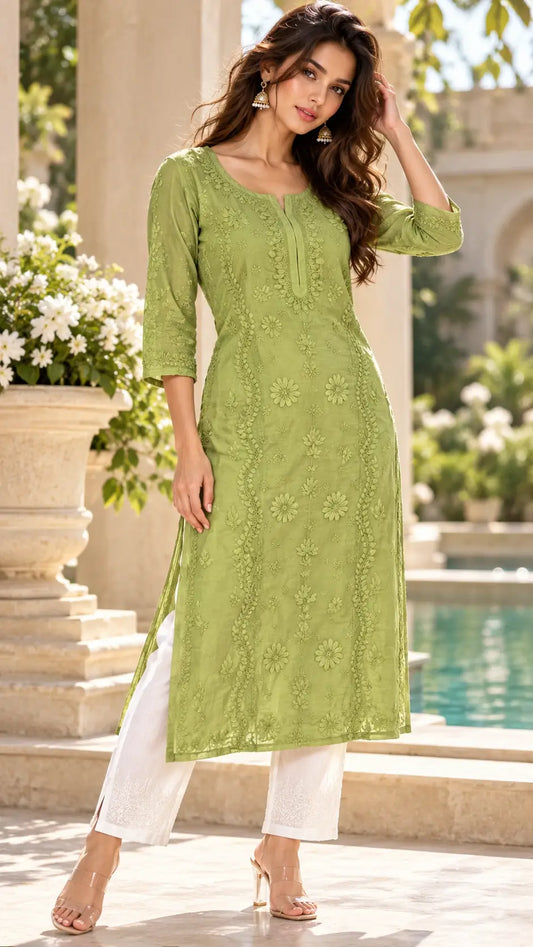 Dniza Floral Embroidered Muslin Kurti for Women