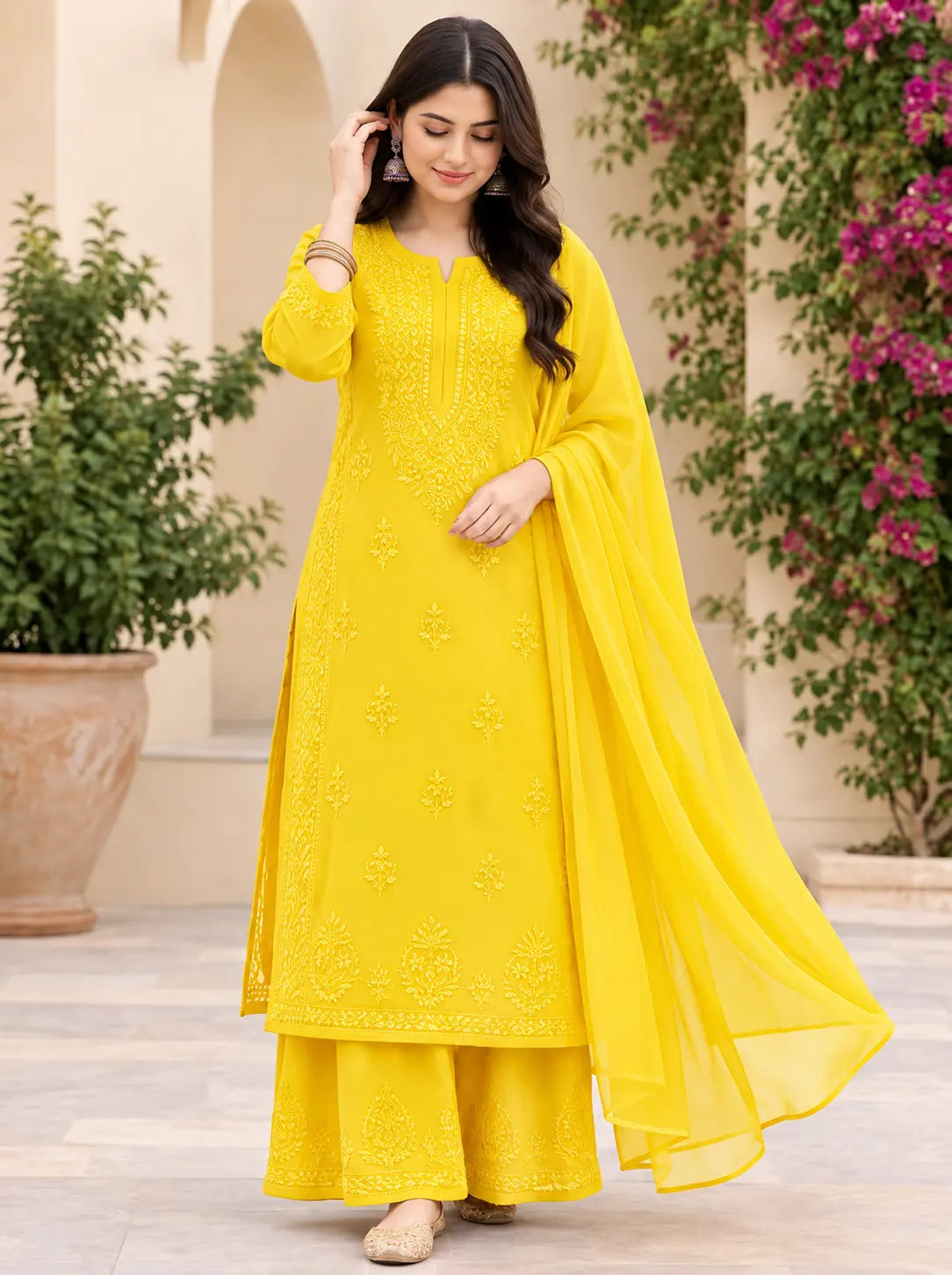 Rayon Chikankari Embroidered Kurta Palazzo Set with Dupatta