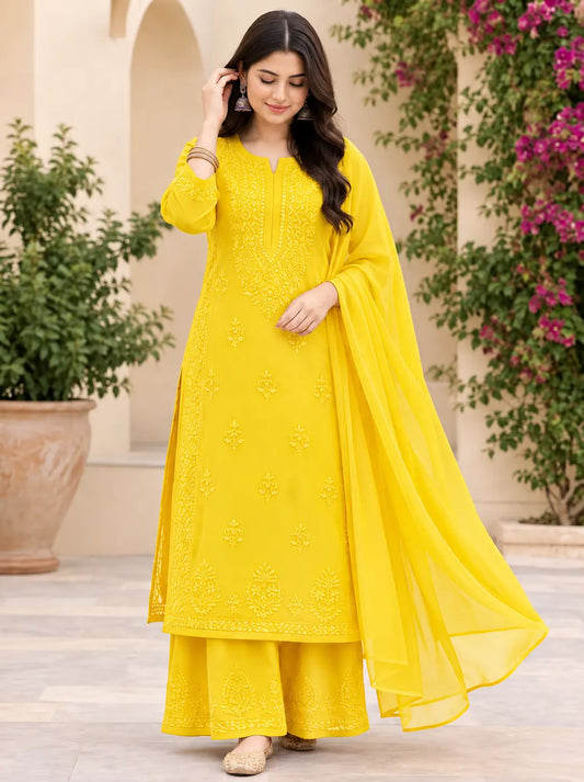 Rayon Chikankari Embroidered Kurta Palazzo Set with Dupatta