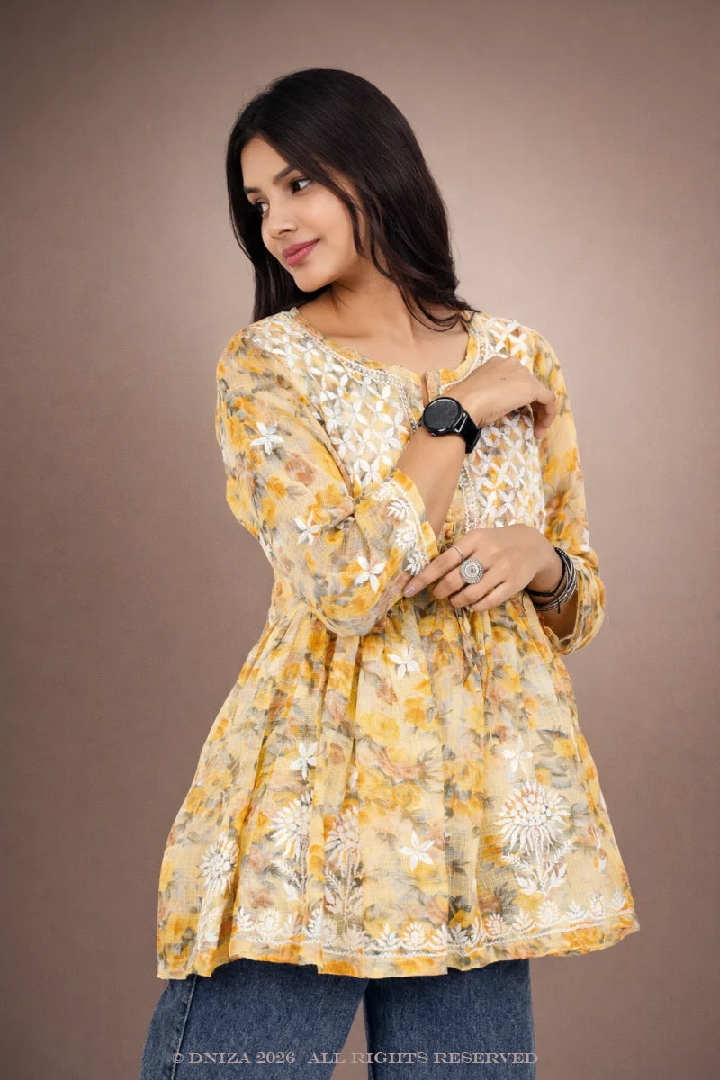 Sunlit Marigold – Mustard Kota Embroidered Kurti - Dniza Chikankari
