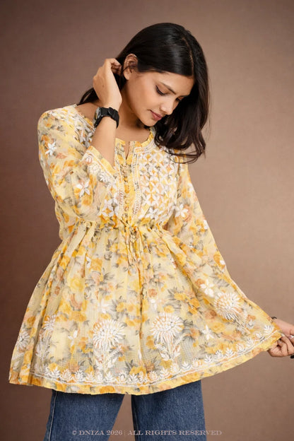 Sunlit Marigold – Mustard Kota Embroidered Kurti - Dniza Chikankari2