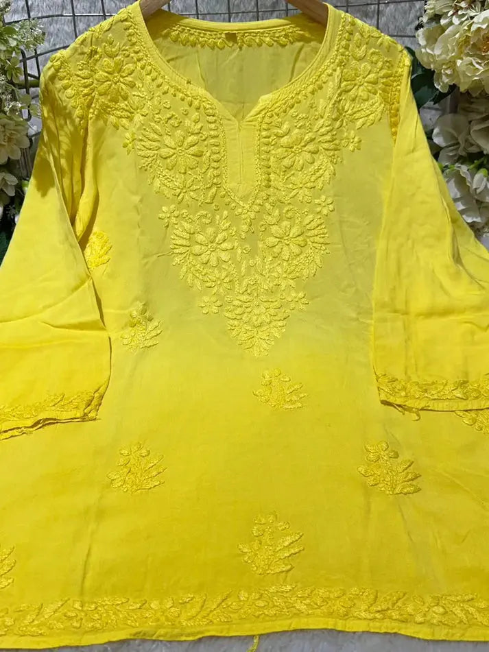 Sunshine Yellow – Handmade Chikankari Rayon Short Kurti