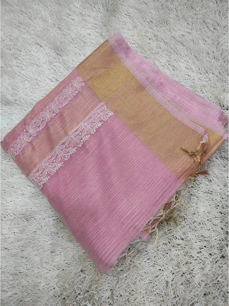 Sweety Pink Chanderi Saree with White Chikankari Fanda and Bakhiya Embroidery
