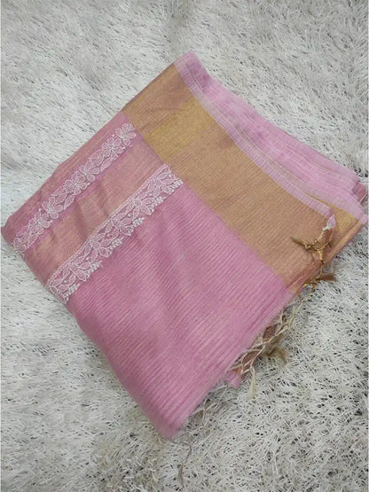 Sweety Pink Chanderi Saree with White Chikankari Fanda and Bakhiya Embroidery